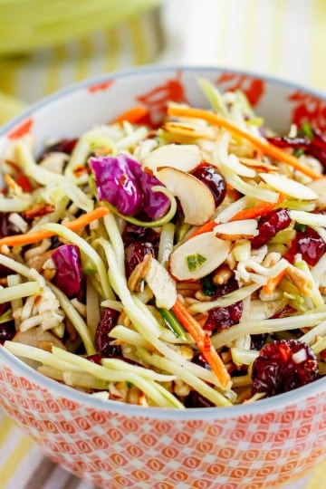 broccoli ramen salad in a colorful patterned ceramic bowl