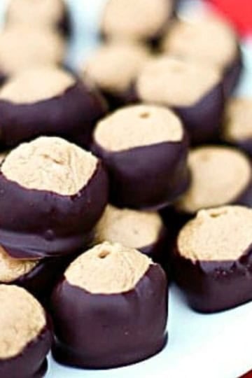 peanut butter buckeyes on a white plate