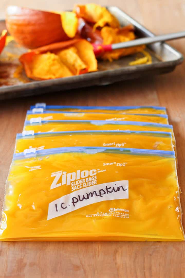 homemade pumpkin puree from a pumpkin in heavy-duty freezer bags for freezing